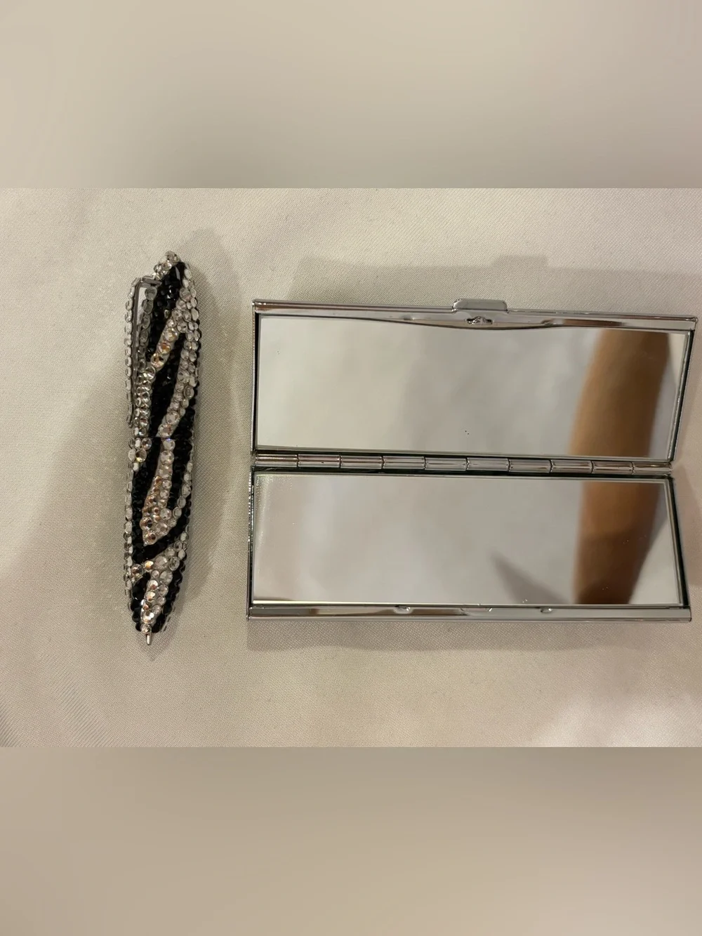 Crystal-Embellished Python Pen and Mirror Case - Black & Silver